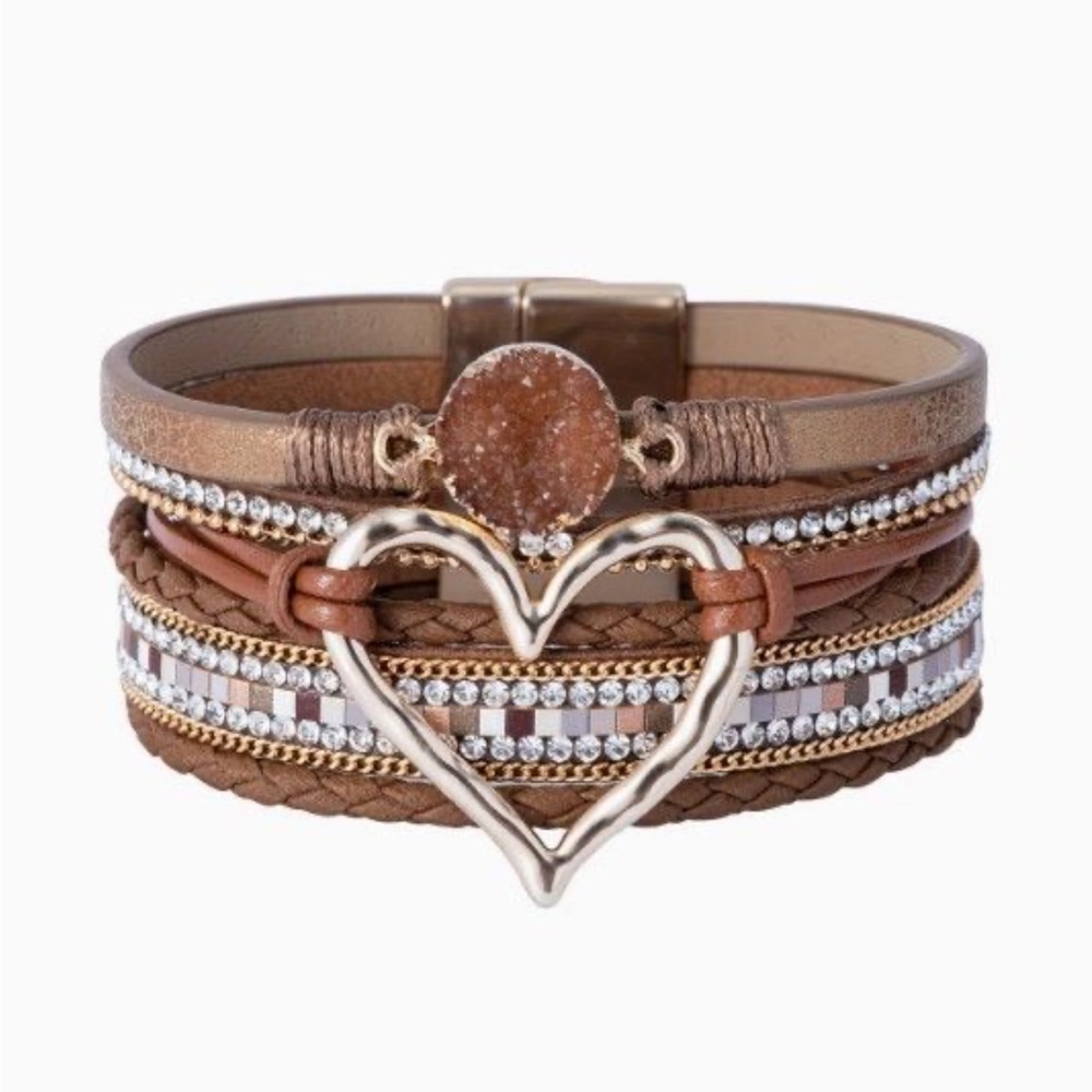 Brown Layered Heart Charm Bracelet with Sparkling Accents